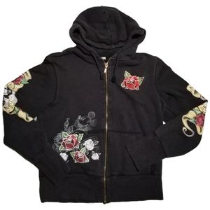 Disney Parks Black Red Rose Mickey Mouse Zip Up Hoodie Sweatshirt Large